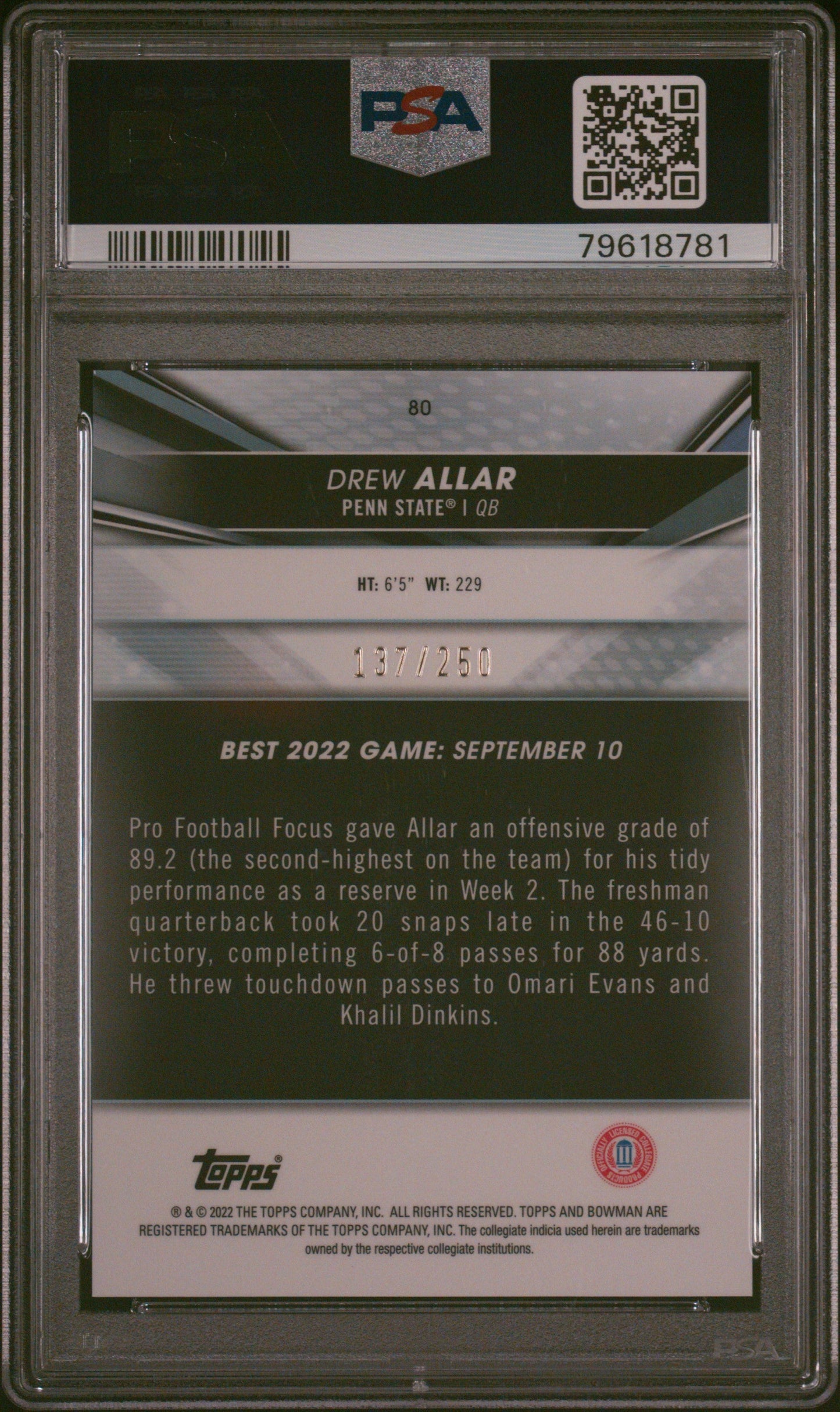 Graded 2022 Topps Bowman Best University Drew Allar #80 Purple Refractor #/250 Rookie RC Football Card PSA 10 Gem Mint