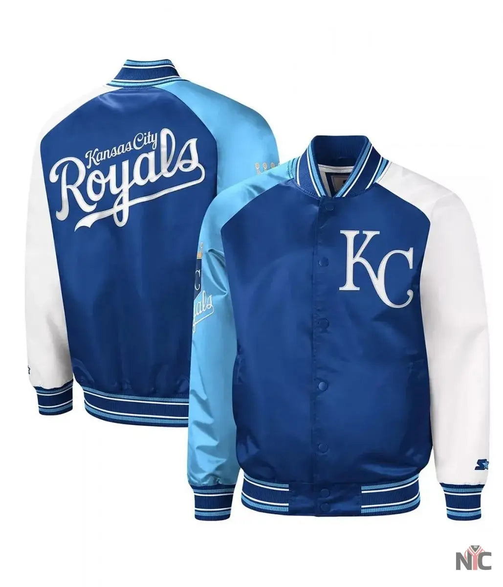 Kansas City Royals Reliever Royal and Varsity Satin Jacket