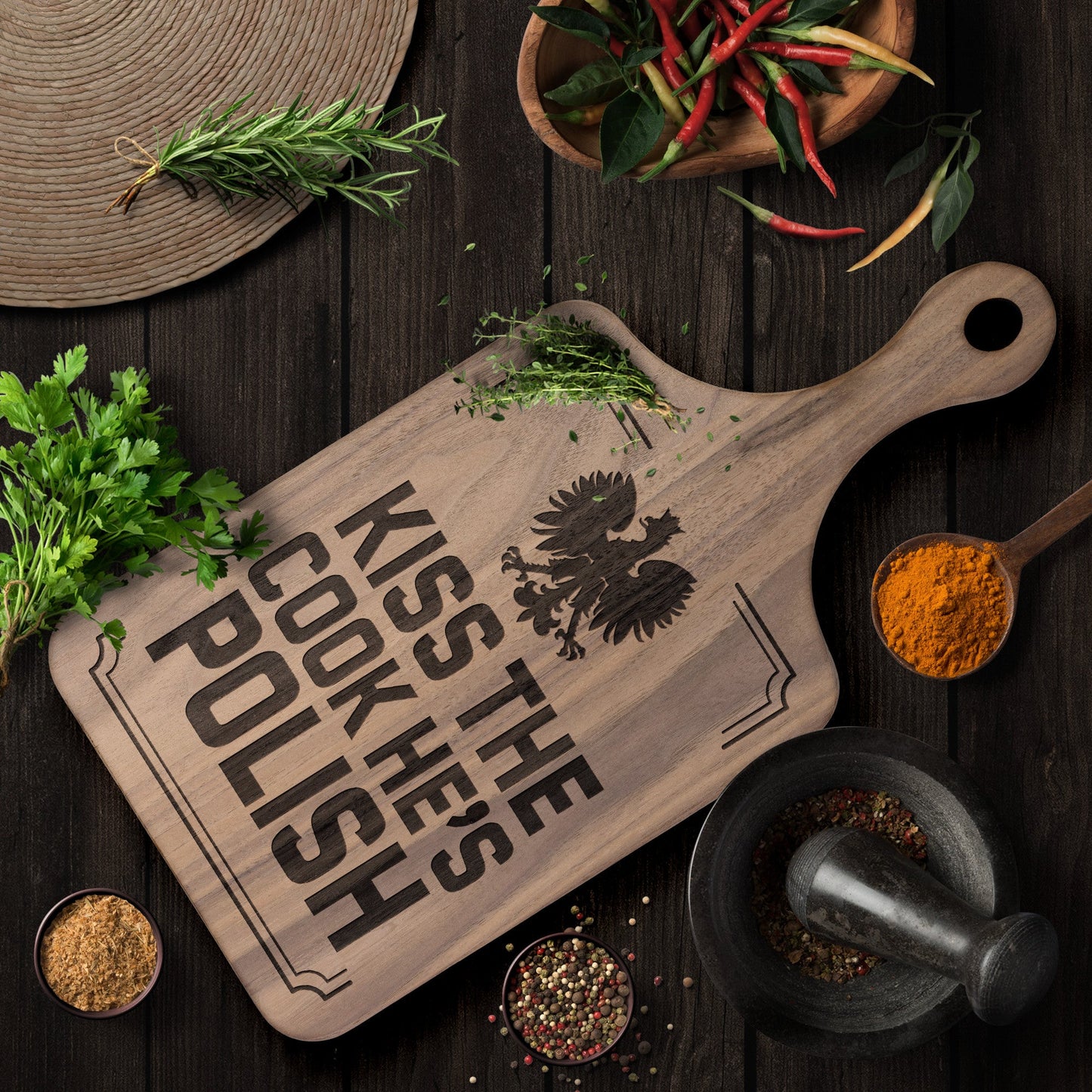 Kiss The Cook He's Polish Hardwood Paddle Cutting Board