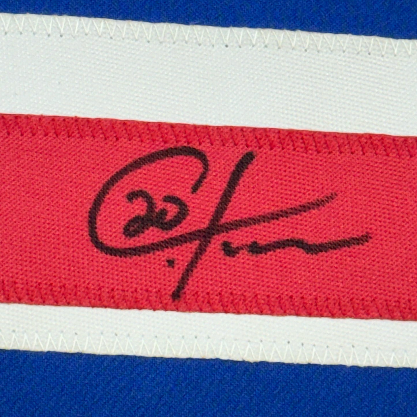 Framed Autographed/Signed Chris Kreider 35x39 New York Blue Hockey Jersey Beckett BAS COA