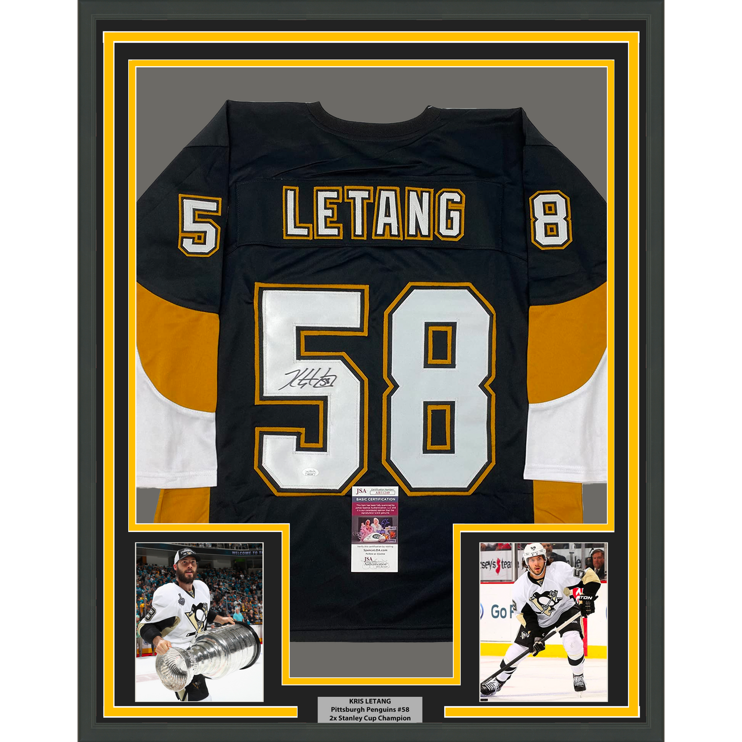 Framed Autographed/Signed Kris Letang 35x39 Pittsburgh Black Hockey Jersey JSA COA