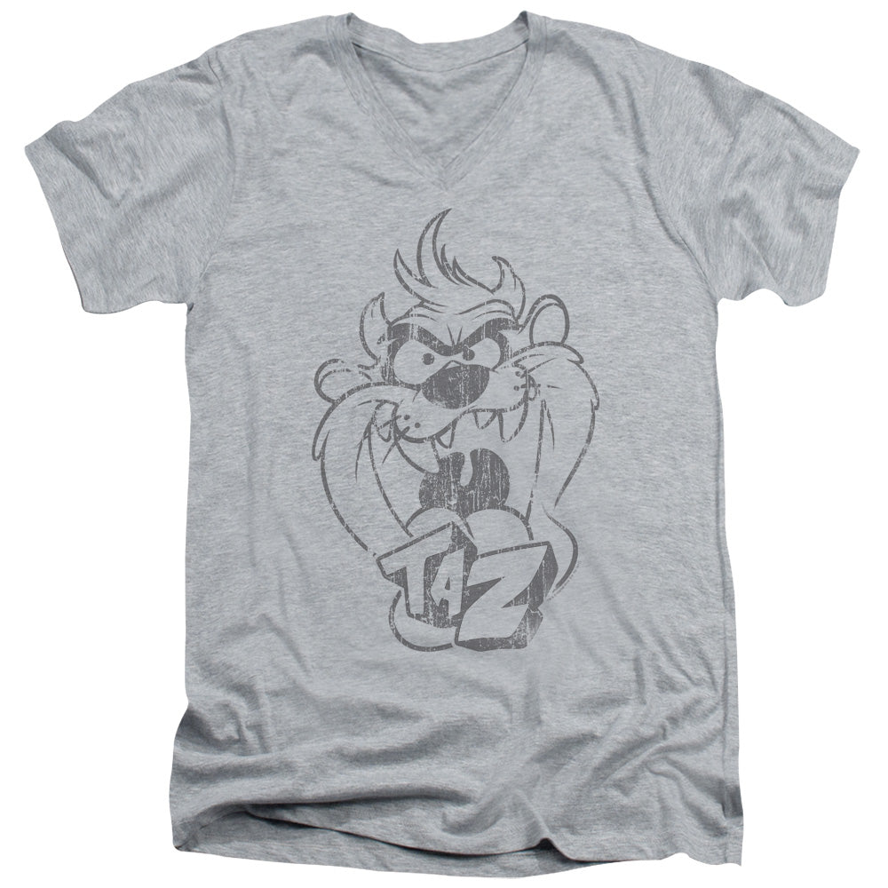 Looney Tunes Faded Taz Mens Slim Fit V-Neck T Shirt Athletic Heather Officially Licensed