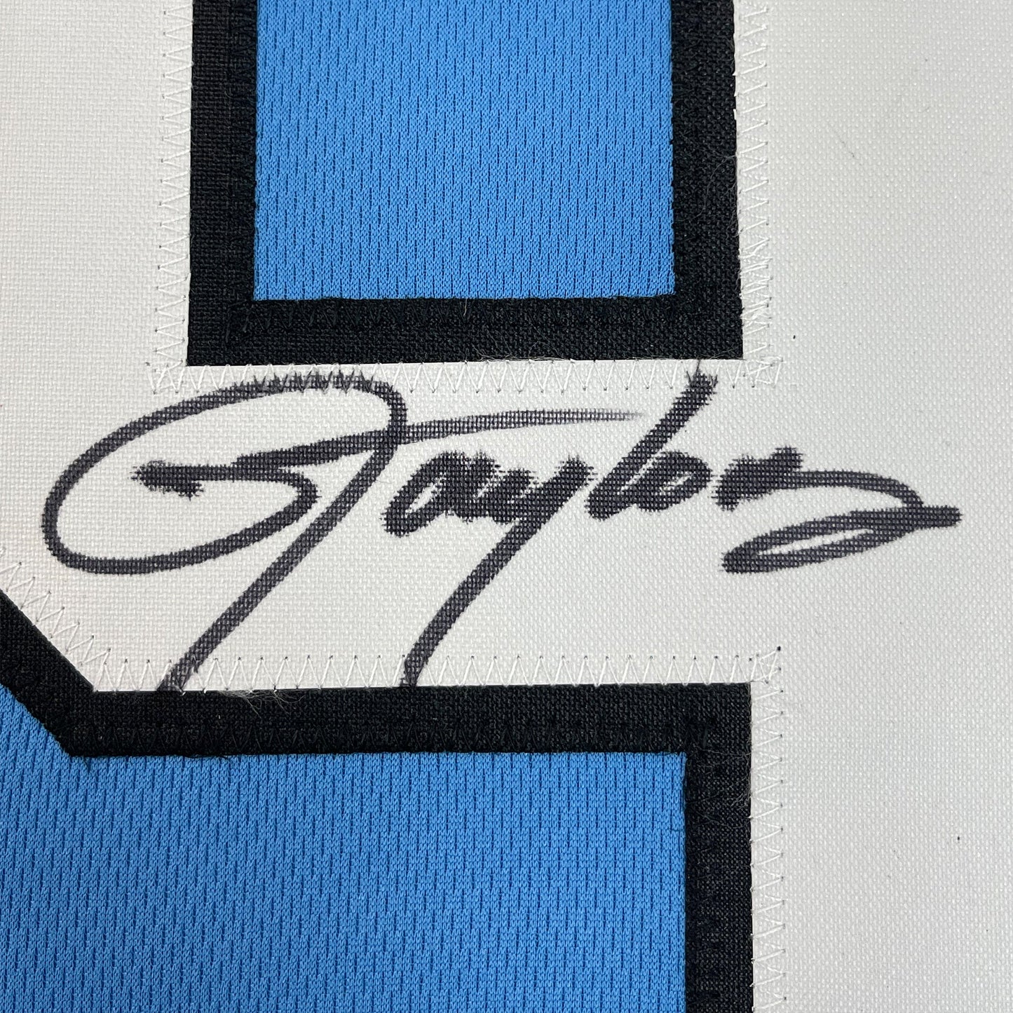 Framed Autographed/Signed Lawrence Taylor 35x39 North Carolina UNC Blue College Football Jersey Beckett BAS COA