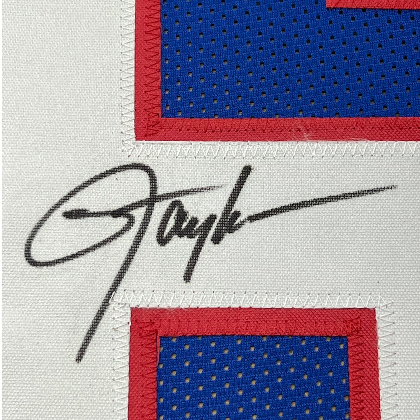 Framed Autographed/Signed Lawrence Taylor 35x39 New York Blue Football Jersey JSA COA