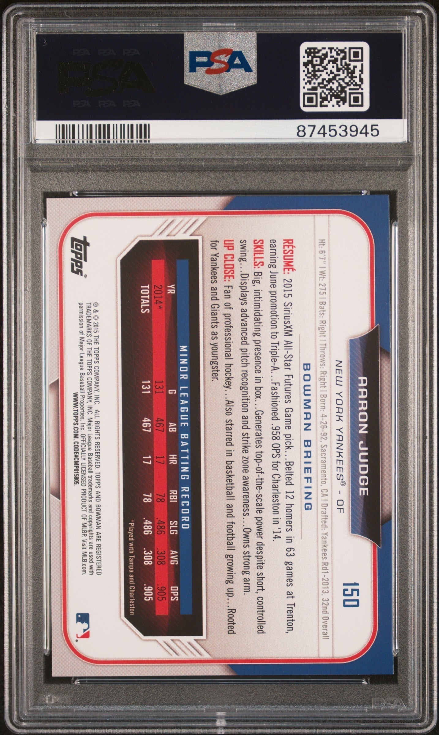 Graded 2015 Topps Bowman Draft Aaron Judge #150 Rookie RC Baseball Card PSA 10 Gem Mint