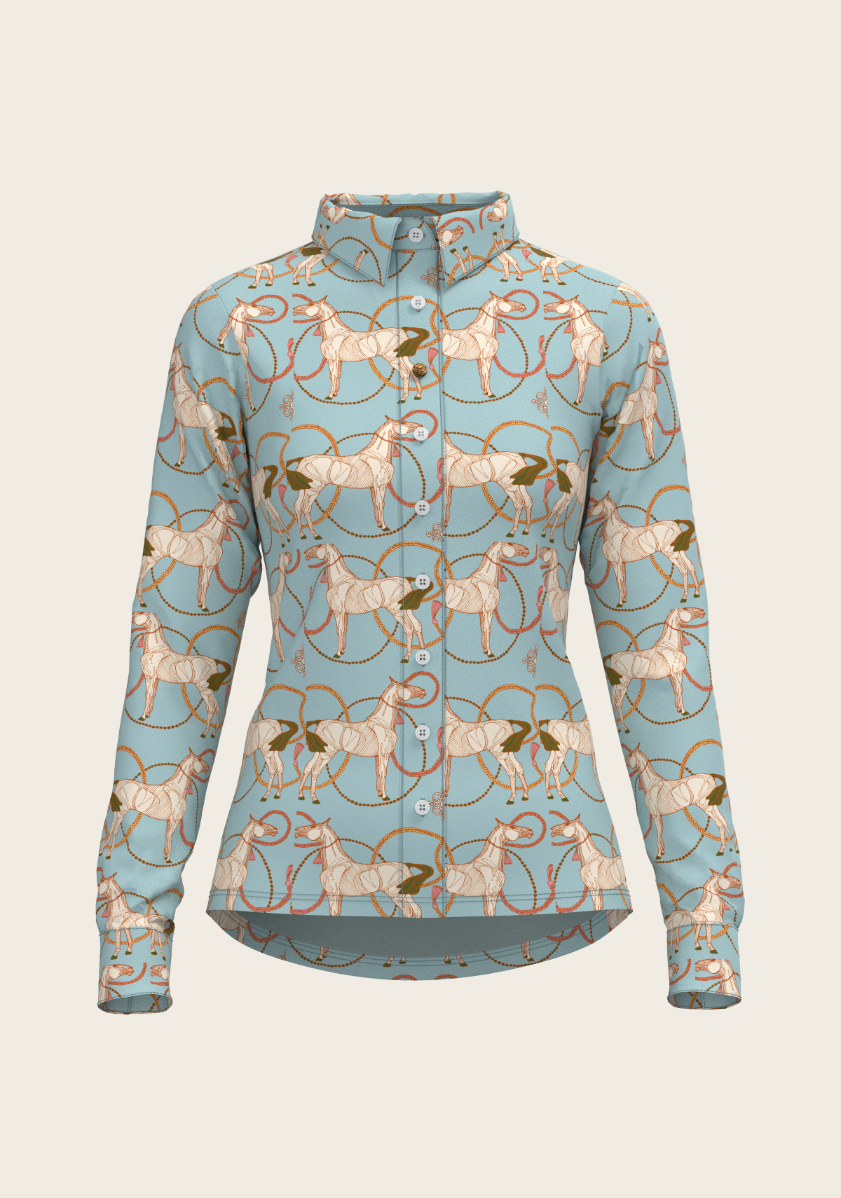 Roped Horses on Sky Blue Ladies Button Shirt
