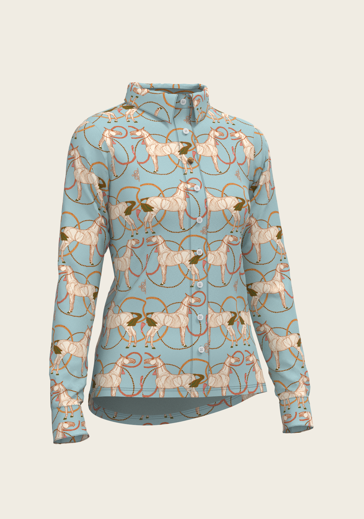 Roped Horses on Sky Blue Ladies Button Shirt