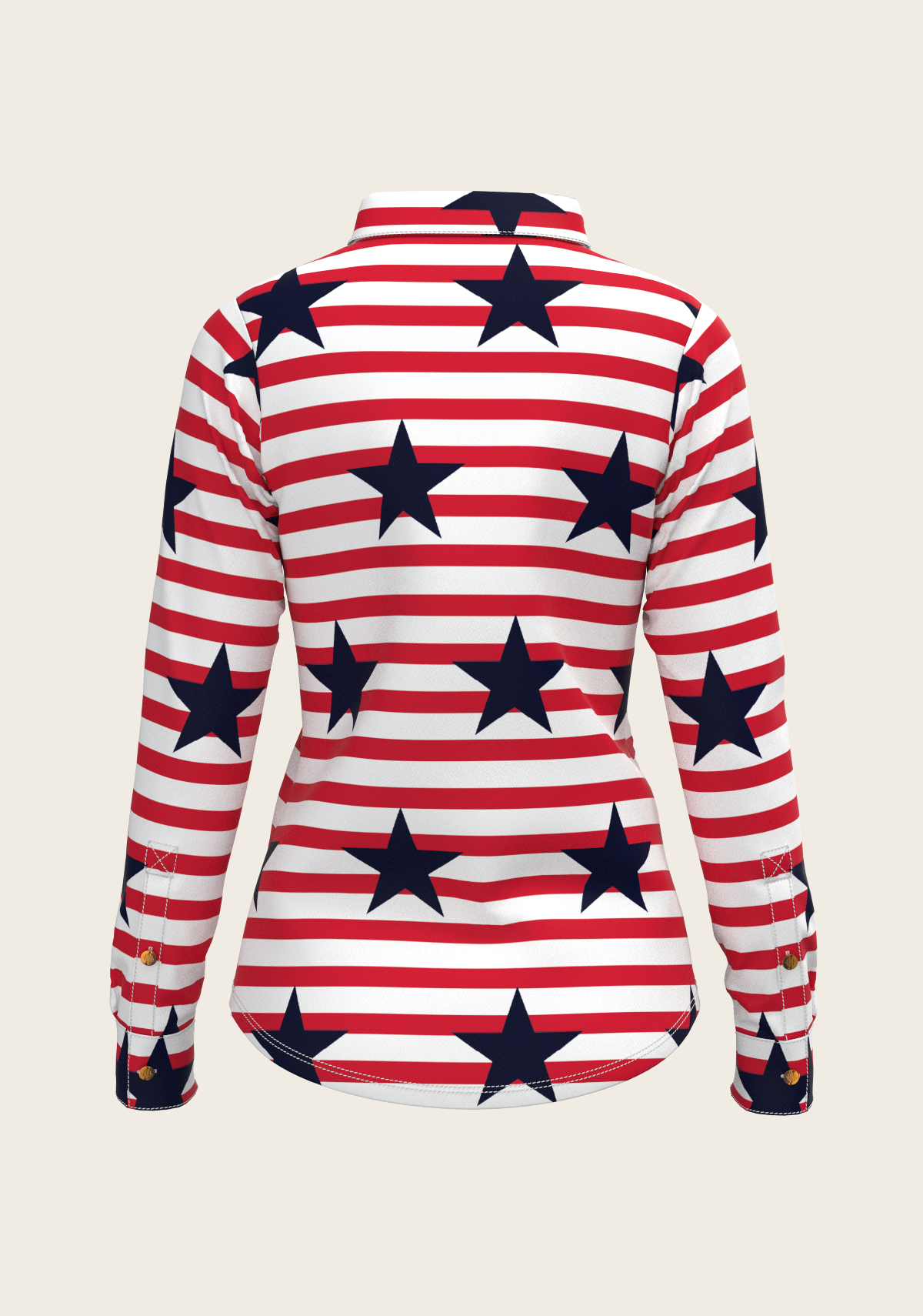 Navy Stars on Red Stripes Ladies Button Shirt