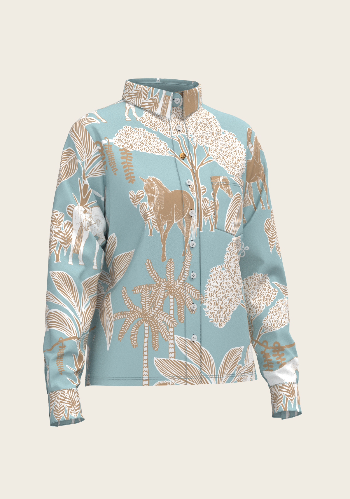 Island Horses on Sky Blue Loose Fitting Button Shirt