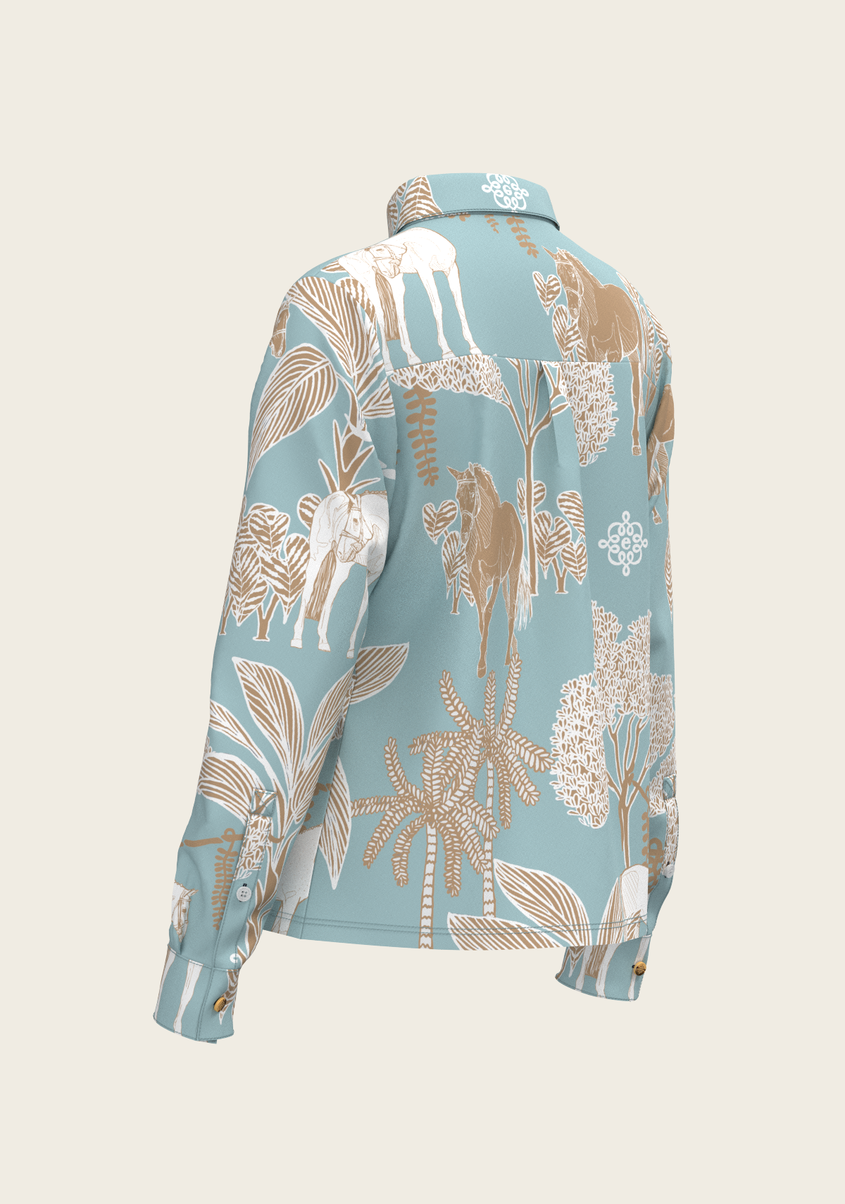 Island Horses on Sky Blue Loose Fitting Button Shirt