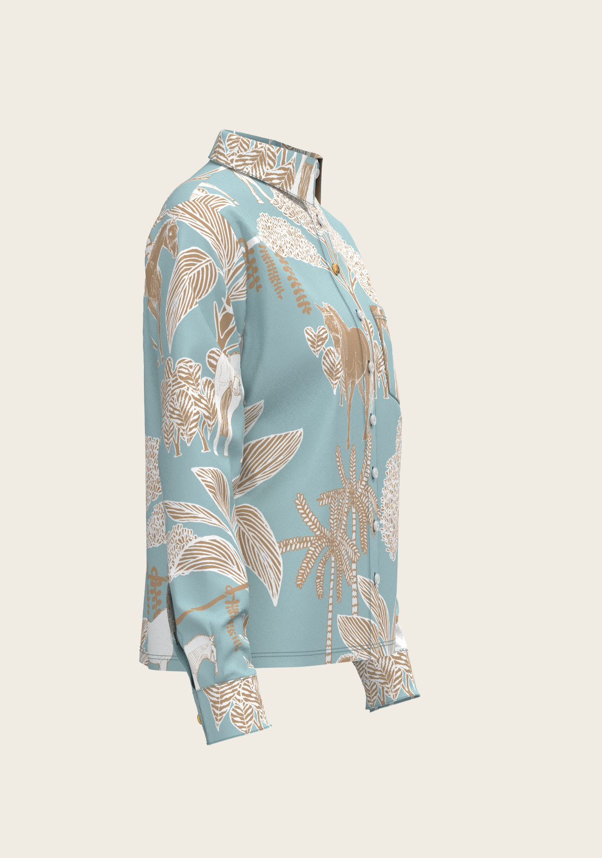 Island Horses on Sky Blue Loose Fitting Button Shirt