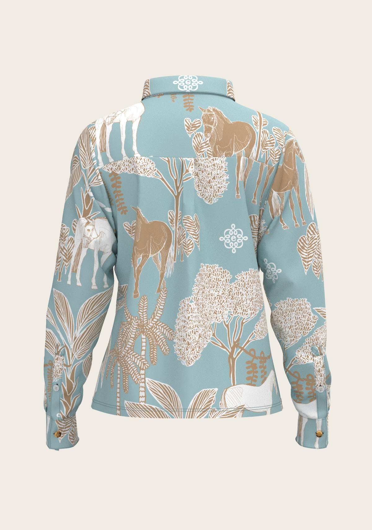 Island Horses on Sky Blue Loose Fitting Button Shirt