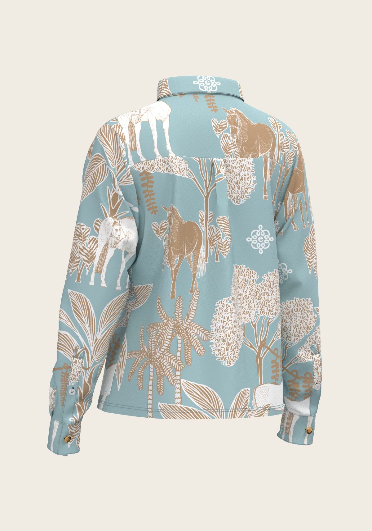 Island Horses on Sky Blue Loose Fitting Button Shirt