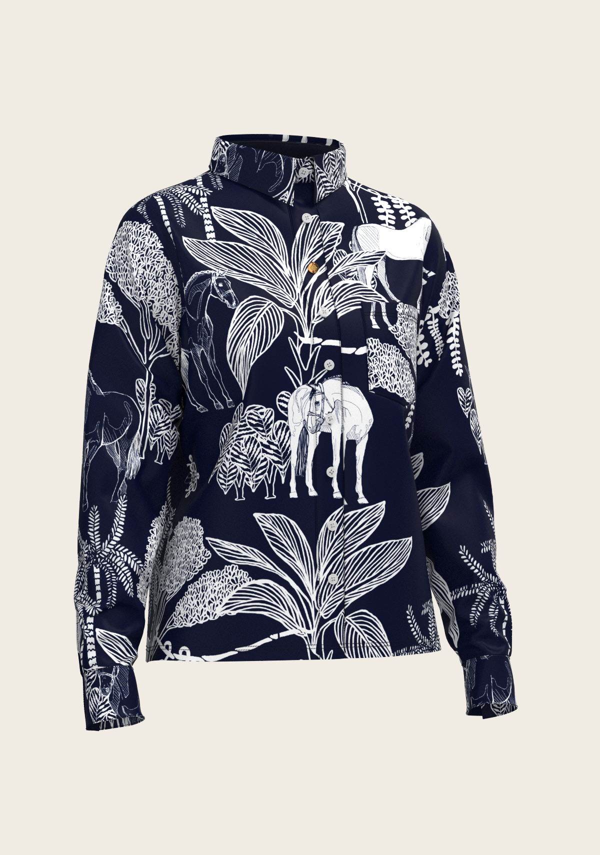 Island Horses on Navy Loose Fitting Button Shirt