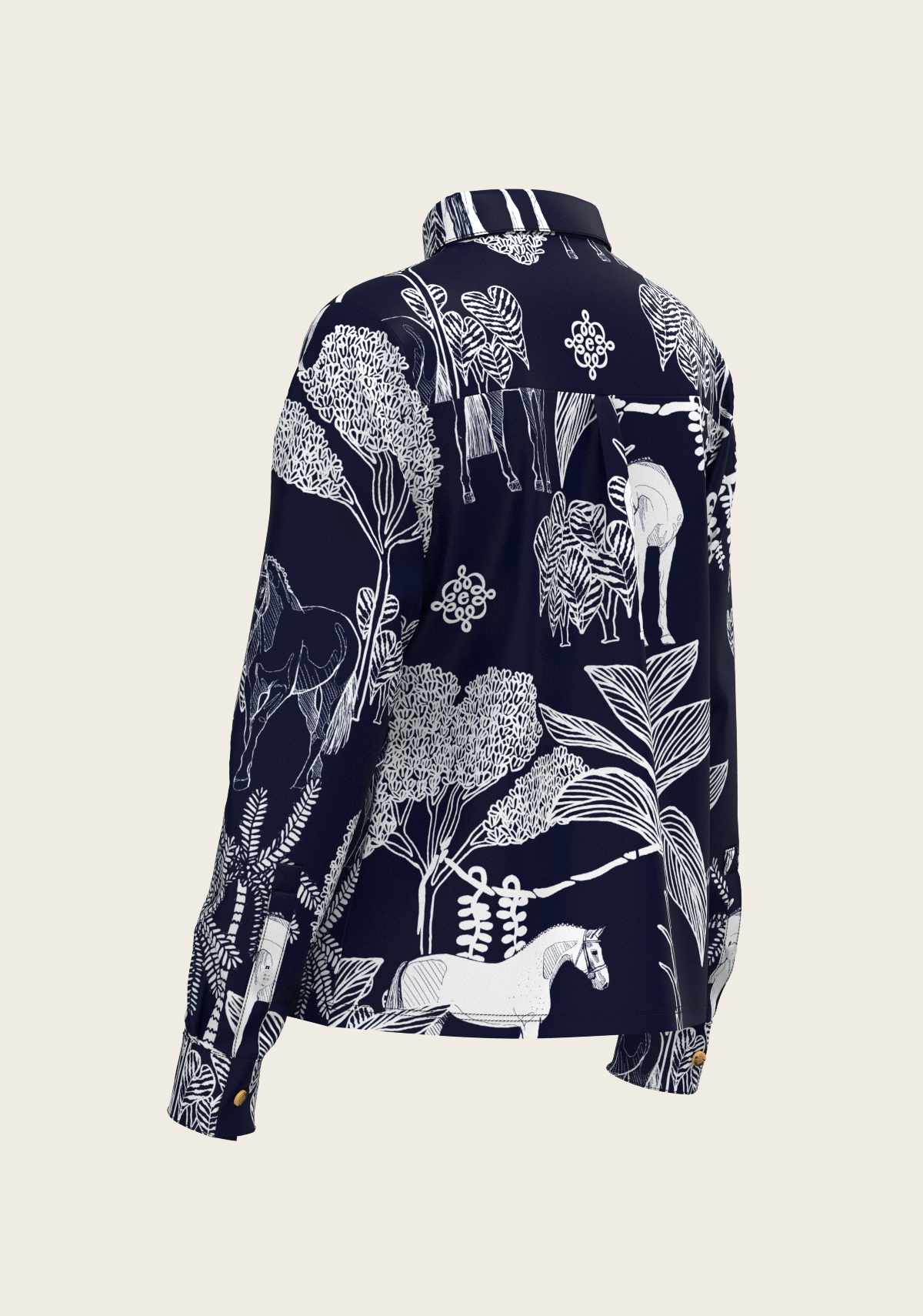 Island Horses on Navy Loose Fitting Button Shirt