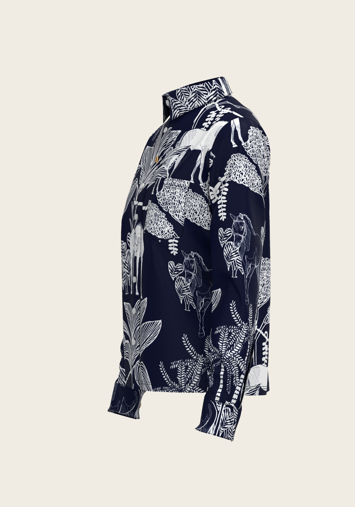 Island Horses on Navy Loose Fitting Button Shirt
