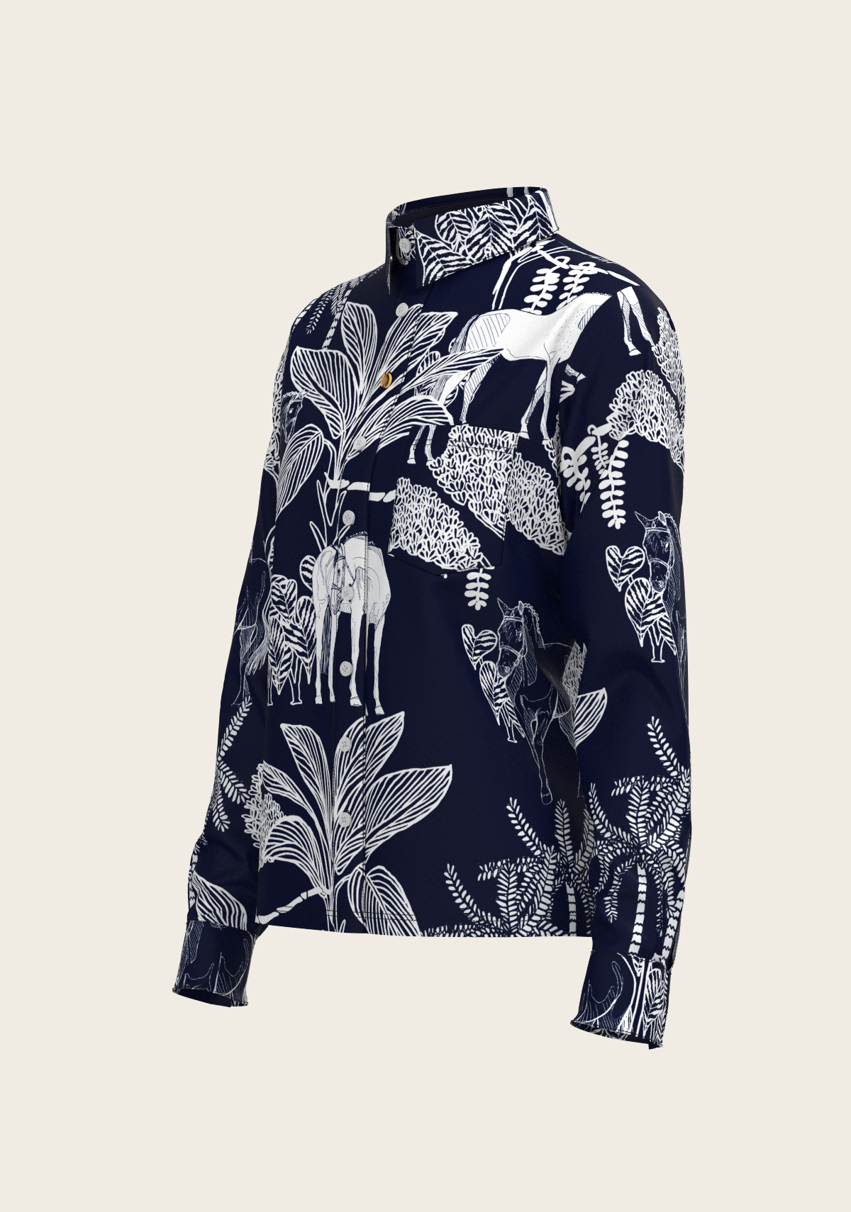 Island Horses on Navy Loose Fitting Button Shirt