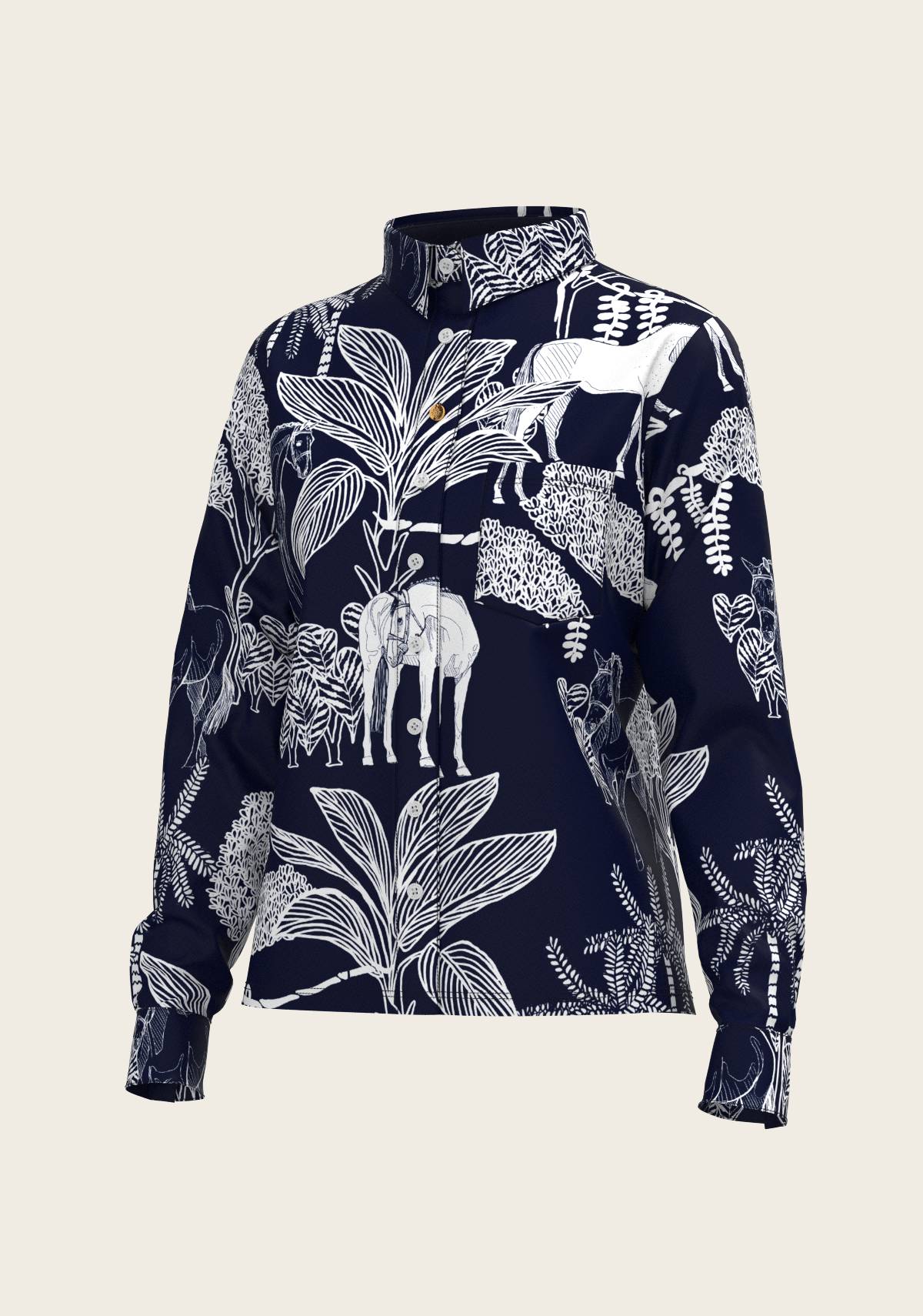 Island Horses on Navy Loose Fitting Button Shirt