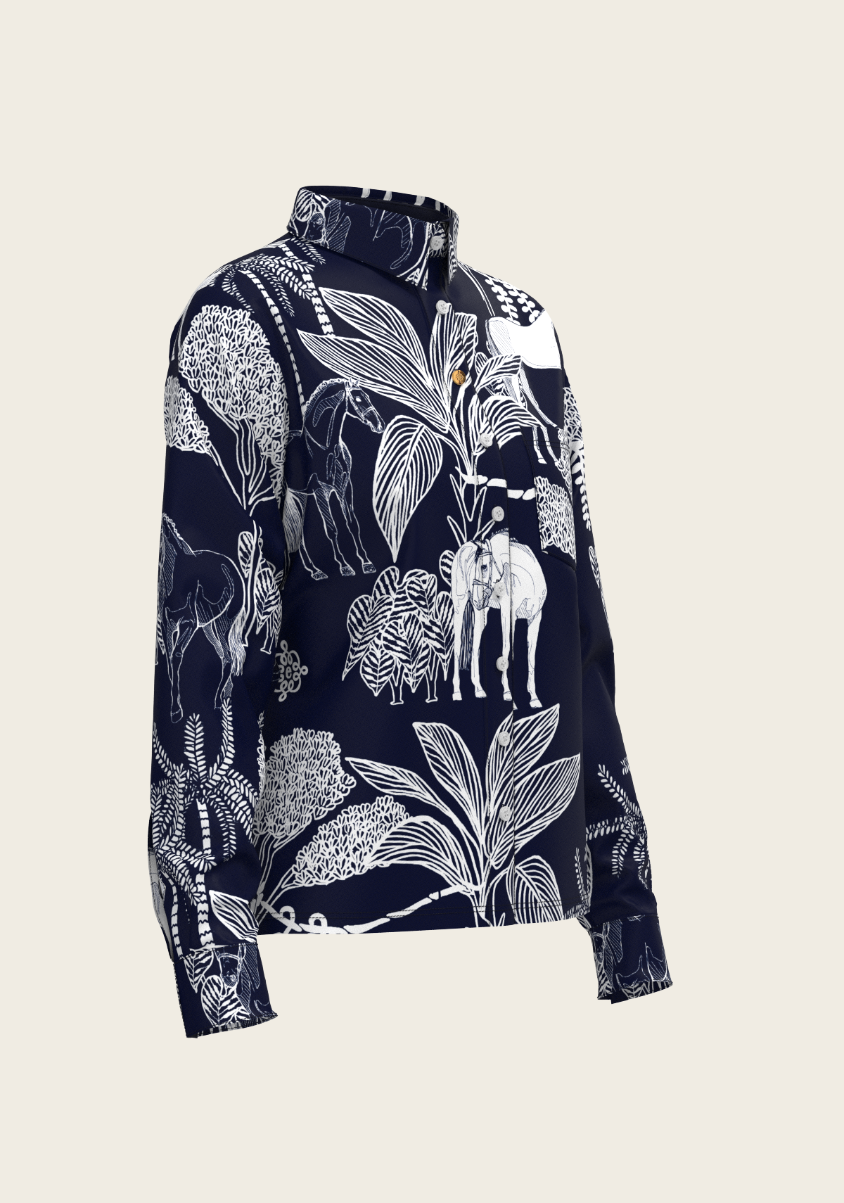 Island Horses on Navy Loose Fitting Button Shirt