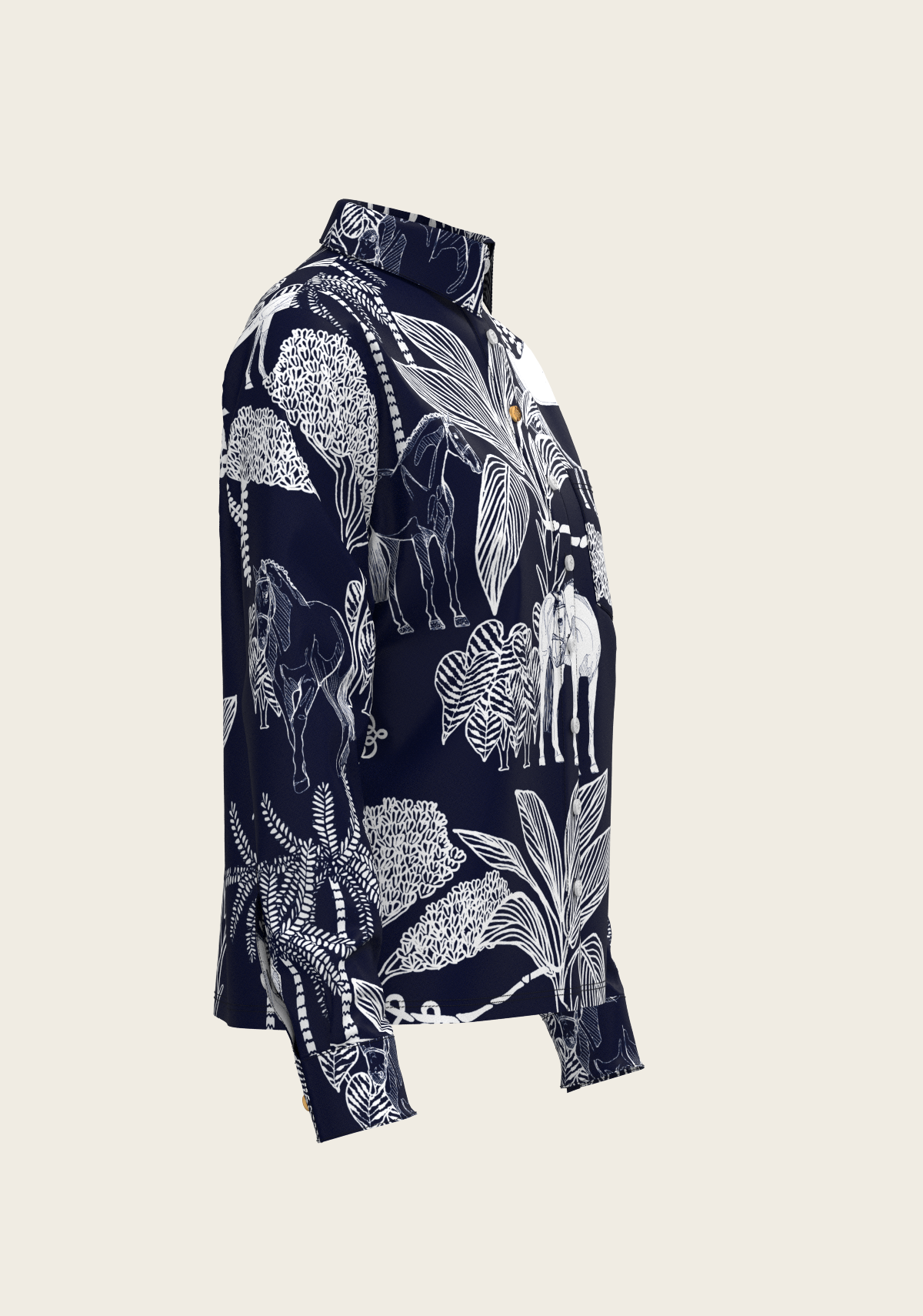 Island Horses on Navy Loose Fitting Button Shirt