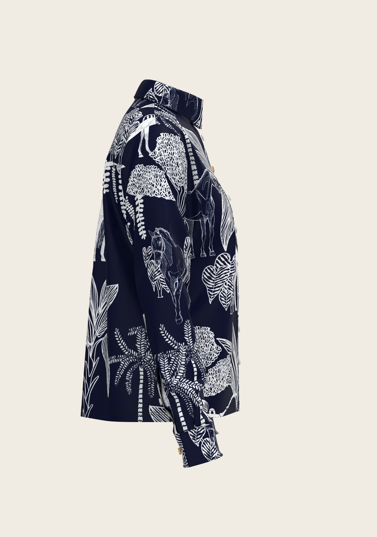 Island Horses on Navy Loose Fitting Button Shirt