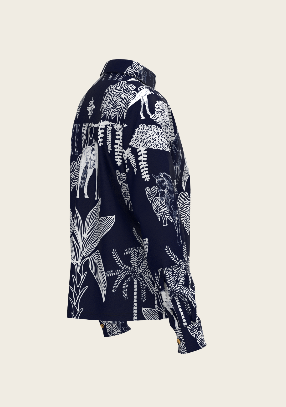 Island Horses on Navy Loose Fitting Button Shirt