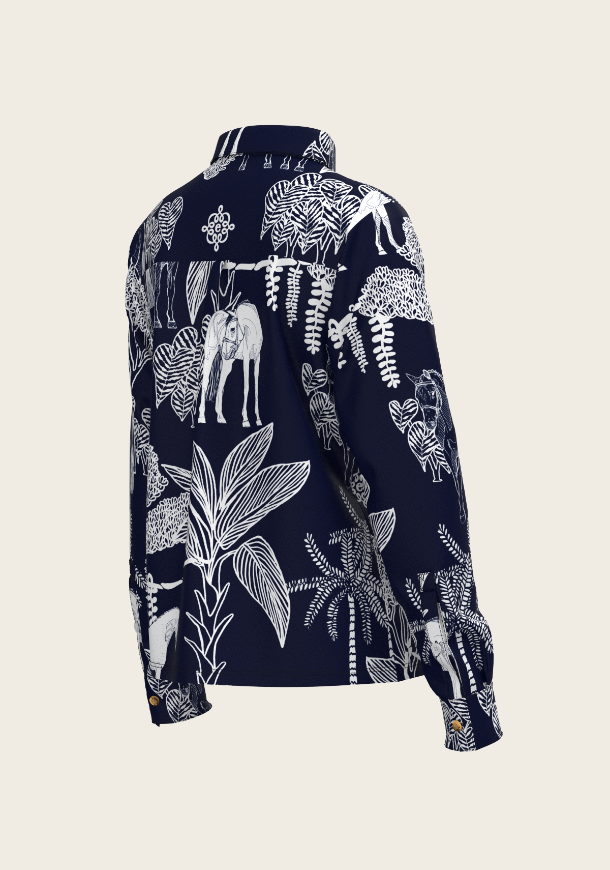 Island Horses on Navy Loose Fitting Button Shirt