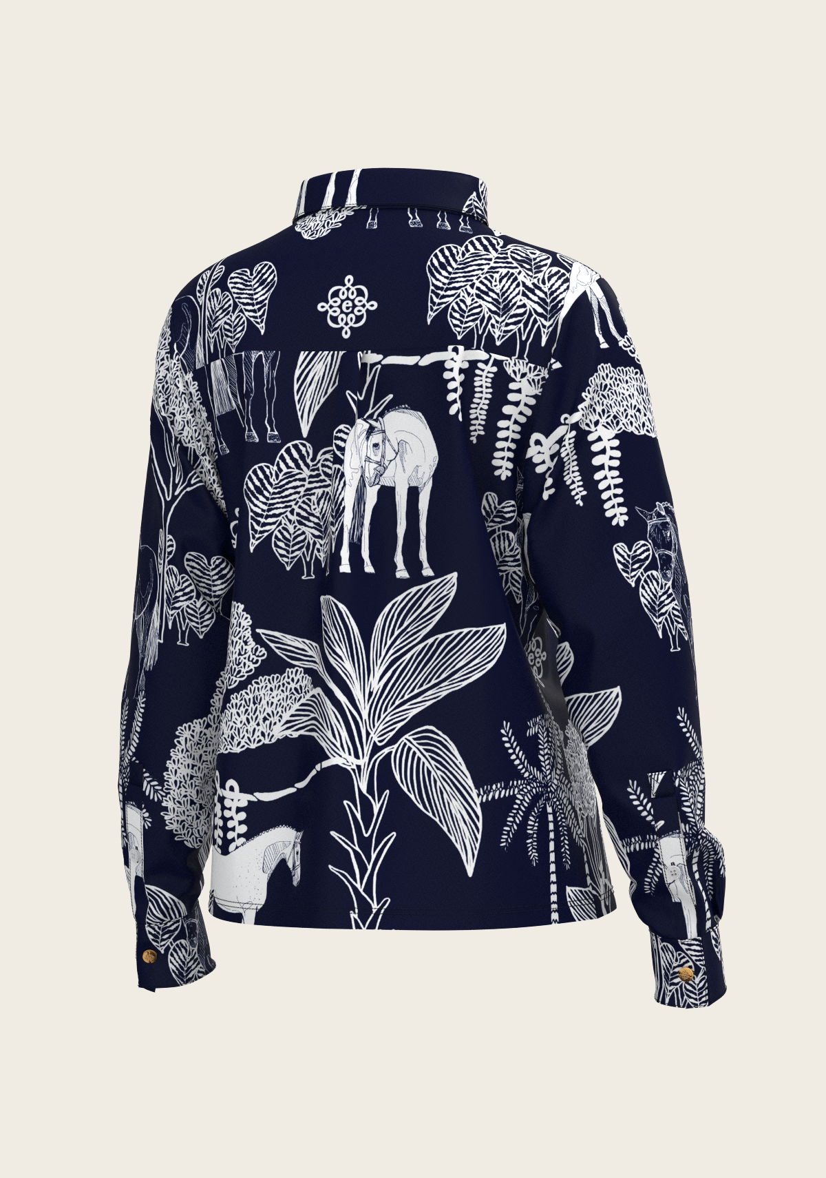 Island Horses on Navy Loose Fitting Button Shirt