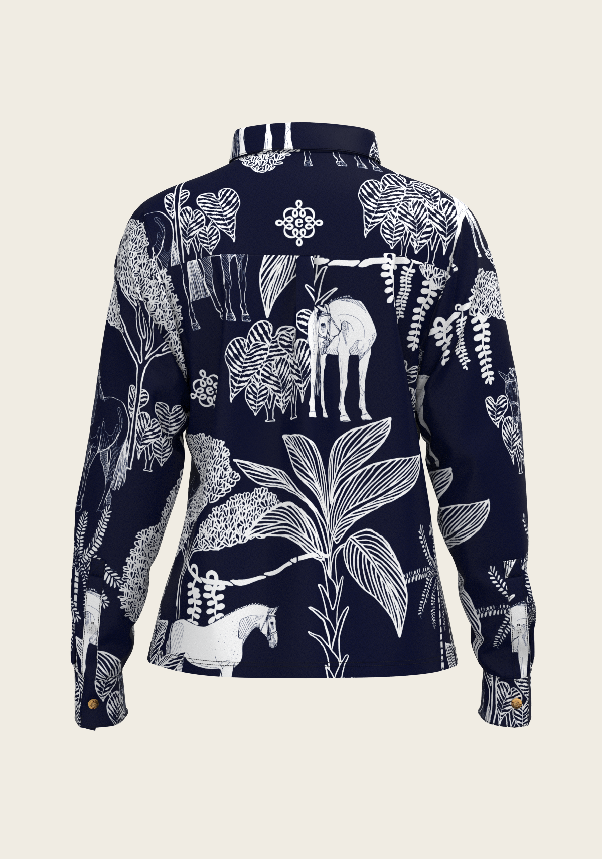 Island Horses on Navy Loose Fitting Button Shirt
