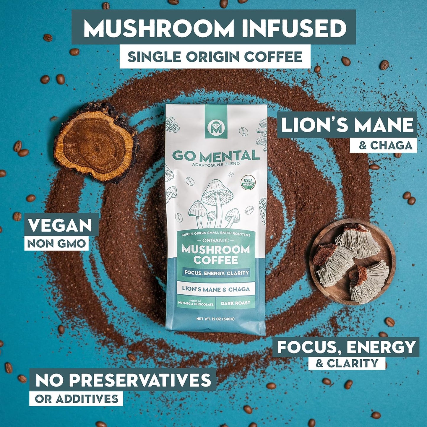 Organic Lion's Mane and Chaga Mushroom Coffee Dark Roast