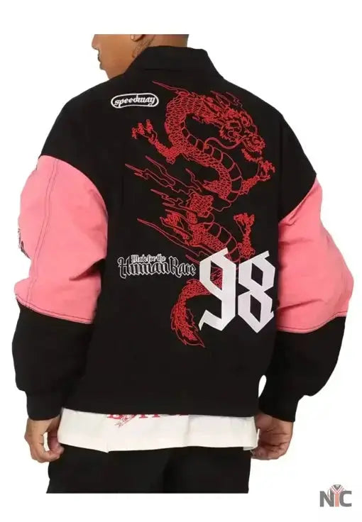 Loiter Racing Pink And Black Varsity Jacket