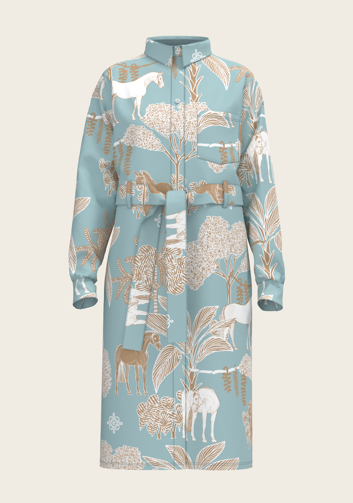 Island Horses on Sky Blue Long Sleeve Shirt Dress