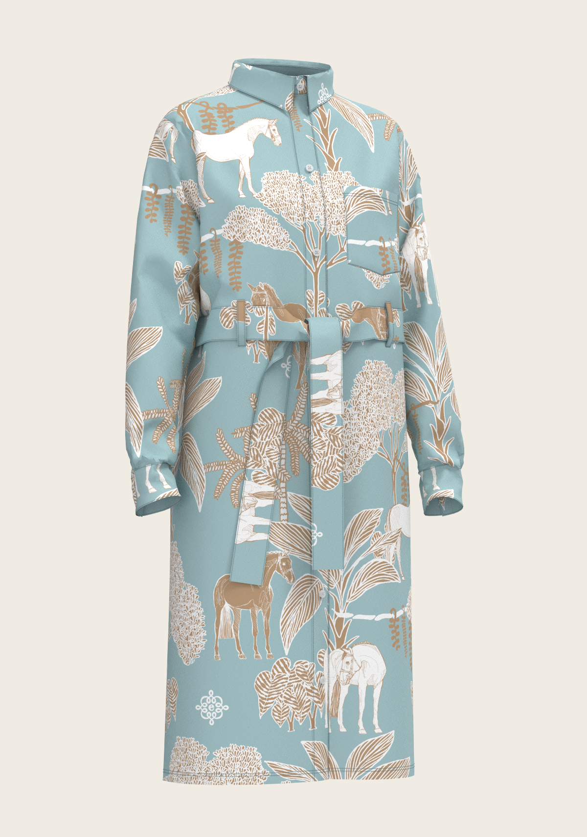 Island Horses on Sky Blue Long Sleeve Shirt Dress