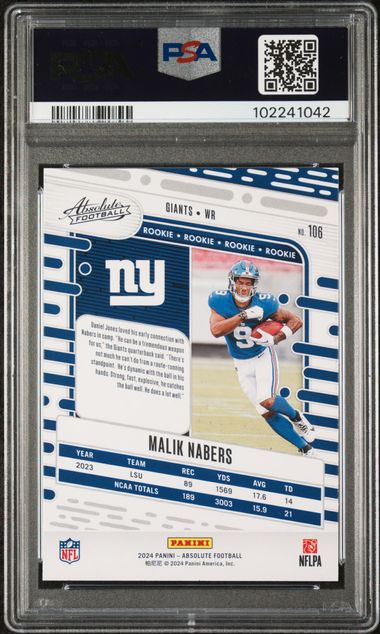Graded 2024 Panini Absolute Malik Nabers #106 Red and Blue Rookie RC Football Card PSA 10 Gem Mint
