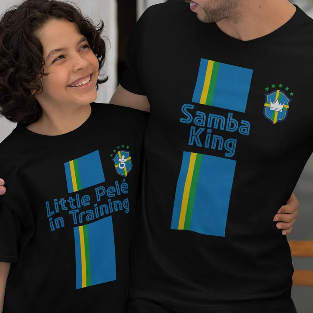 Samba king, Little Pelé In Training Dad and Child Organic Cotton T-Shirts Family Set (Set of 2)