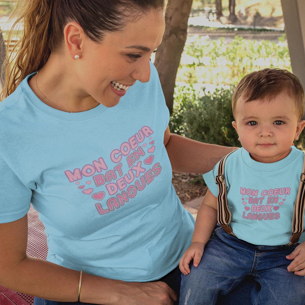 Mon Coeur Bat En Deux Langues Mom and Child Organic Cotton T-Shirts family Set (Set of 2)