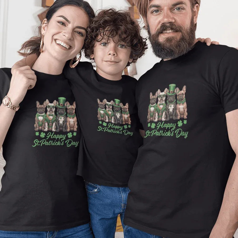 French Bulldog Happy St Patrick's Day Matching Organic Cotton T-Shirts Family Set (Set of 3)