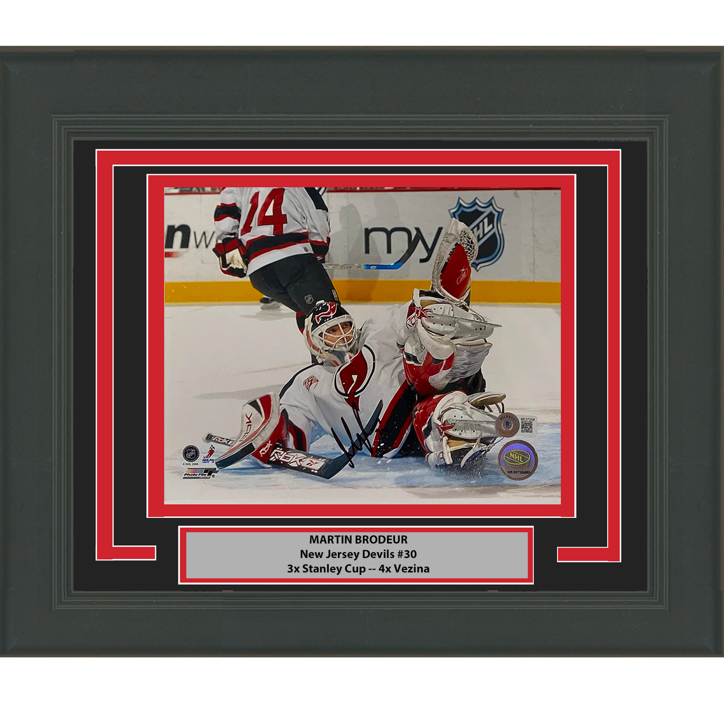 Framed Autographed/Signed Martin Brodeur New Jersey Devils 8x10 Hockey Photo Beckett BAS COA #1