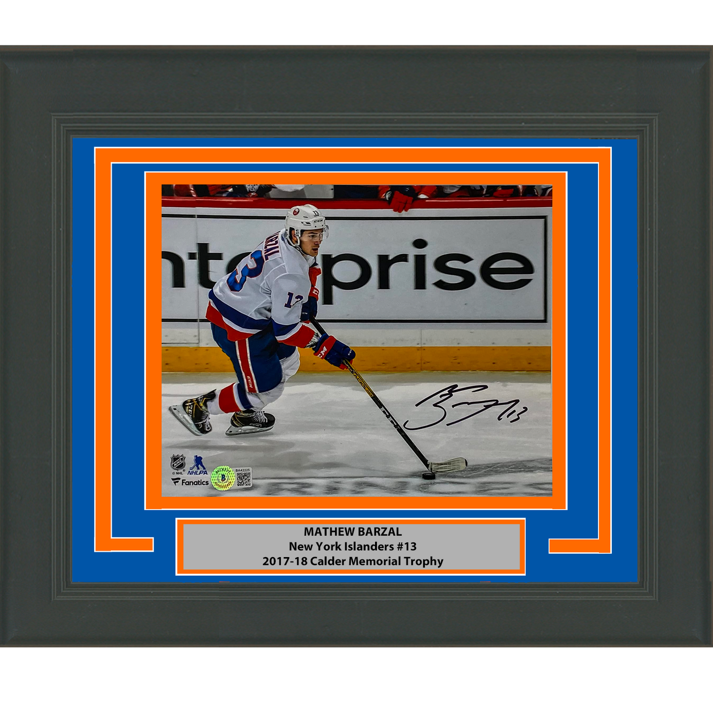 Framed Autographed/Signed Mathew Barzal New York Islanders 8x10 Hockey Photo Beckett BAS COA