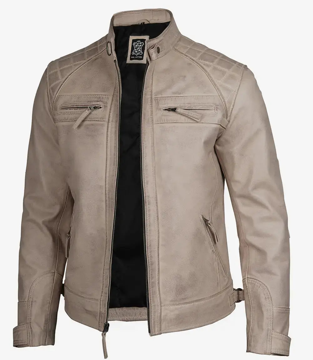 Men Diamond Beige Cafe Racer Leather Jacket