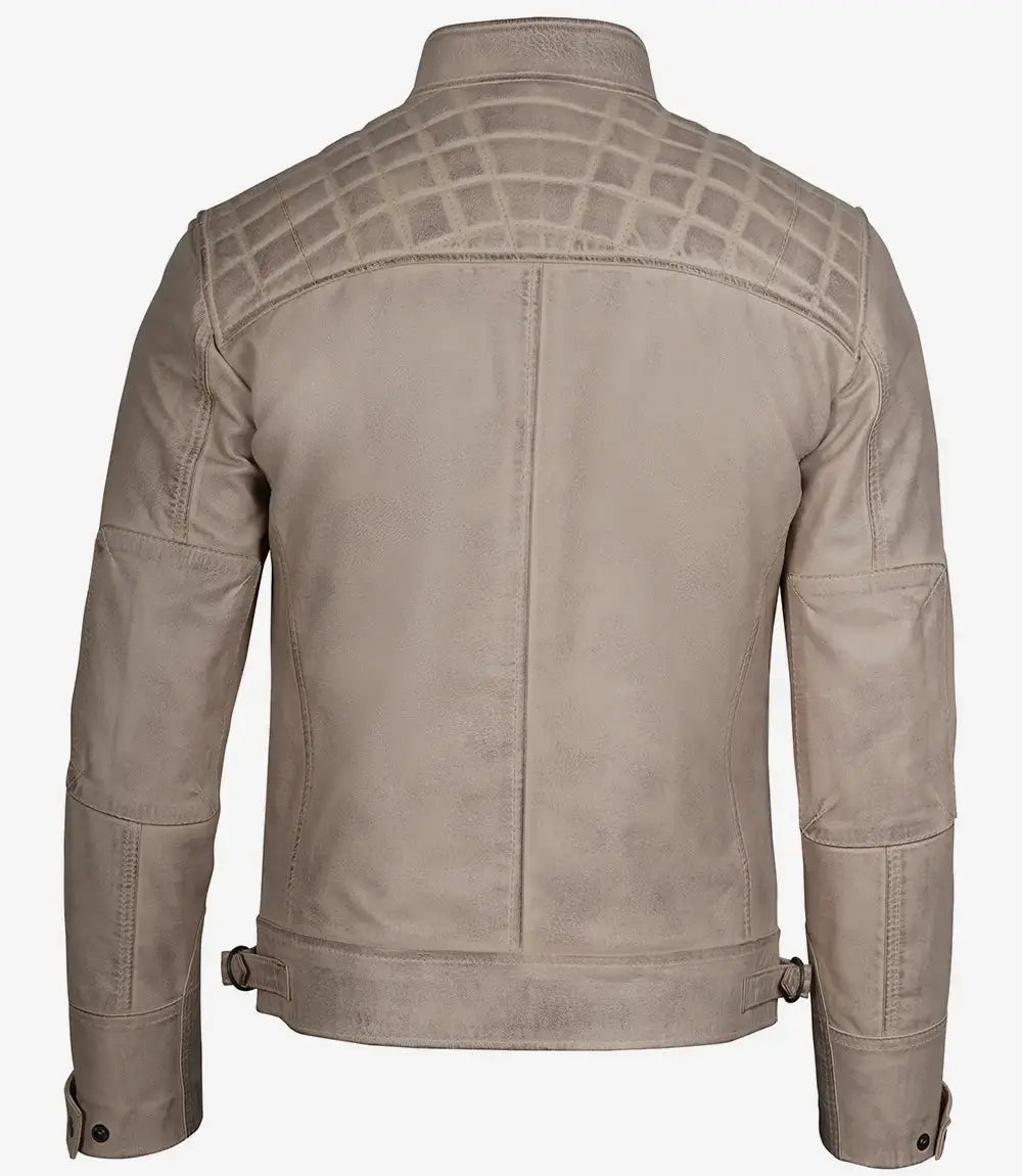 Men Diamond Beige Cafe Racer Leather Jacket