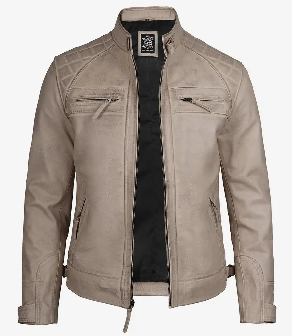 Men Diamond Beige Cafe Racer Leather Jacket
