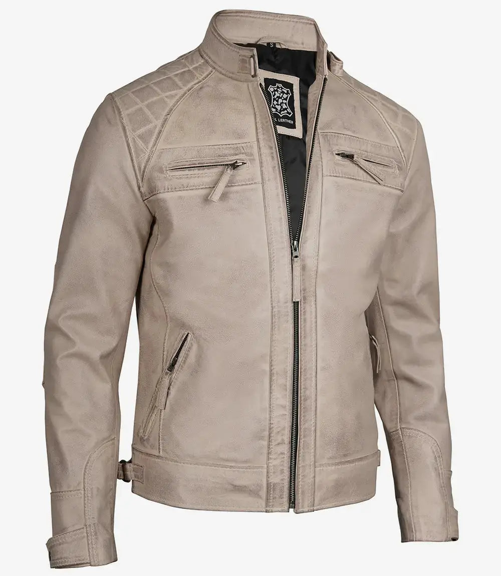 Men Diamond Beige Cafe Racer Leather Jacket
