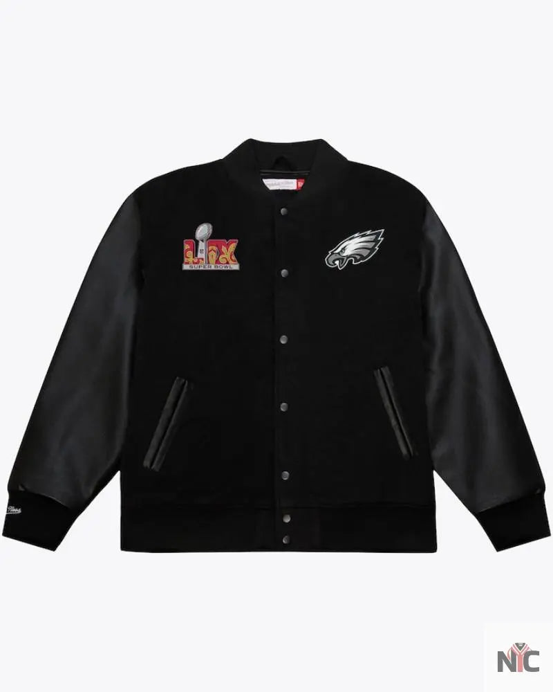 Men’s Black Philadelphia Eagles Super Bowl LIX Champions Full-Snap Varsity Jacket
