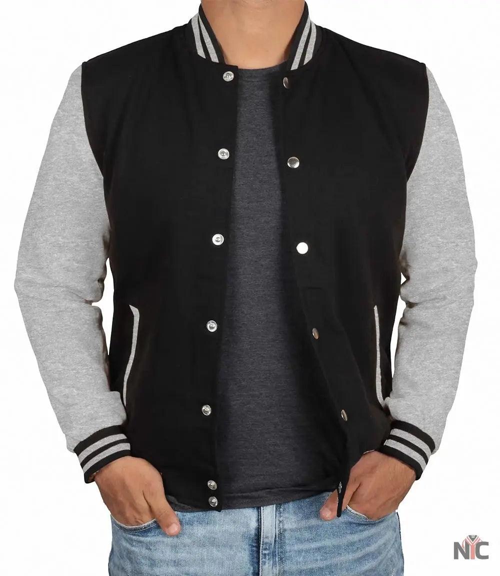 Men's Black and Grey Varsity Bomber Jacket