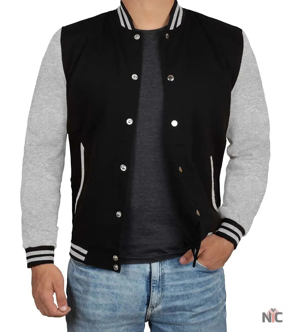 Men's Black and Grey Varsity Bomber Jacket