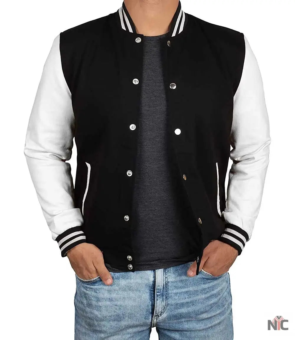 Men's Black and White Varsity Jacket - College Baseball Style