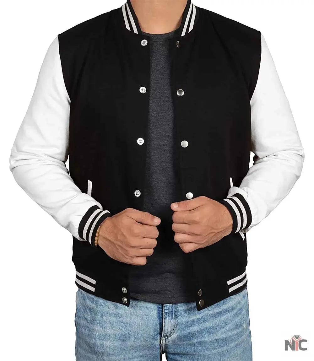 Men's Black and White Varsity Jacket - College Baseball Style