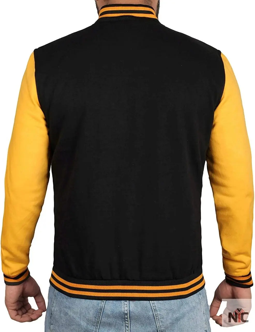 Men's Black and Yellow Varsity Bomber Jacket - Baseball Letterman Style