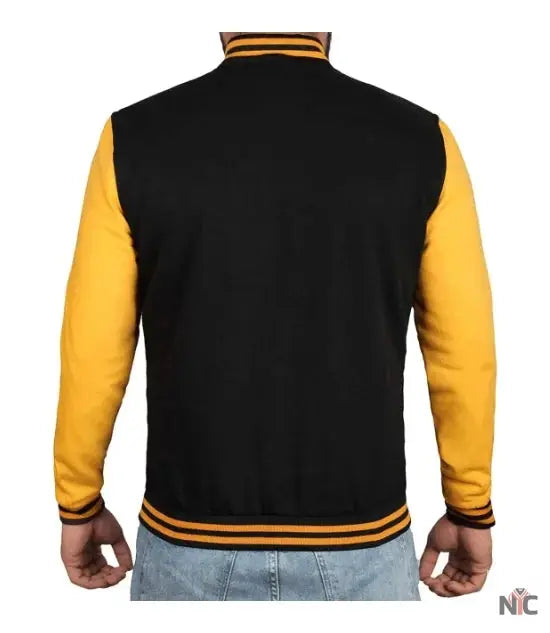 Men's Black and Yellow Varsity Bomber Jacket - Baseball Letterman Style